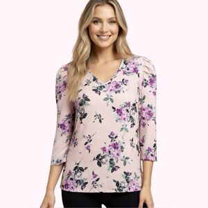 Suzy Shier Pink Ruched Ruffled 3/4 Sleeve Blouse